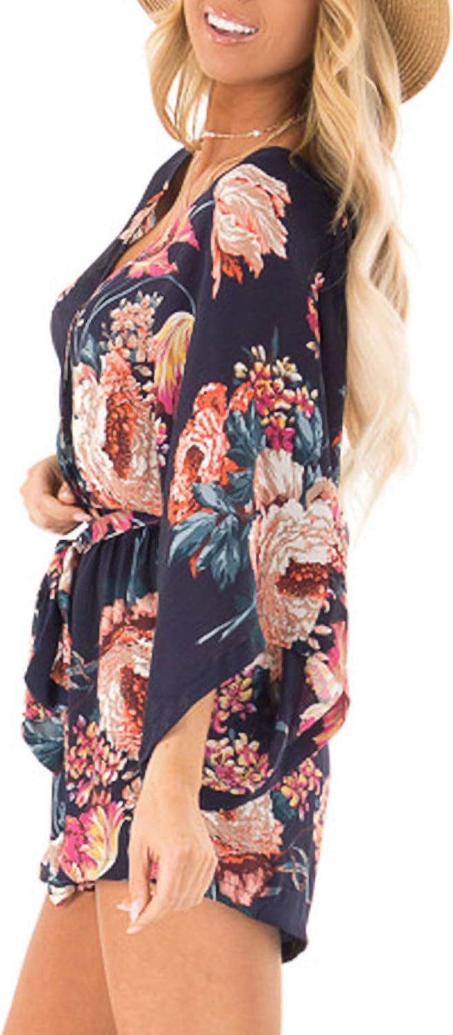 Bonkwa Women's Summer Rompers V Neck Floral Print Casual Romper High Waist Belt Long Baggy Sleeves Loose Short Jumpsuits - Image 4