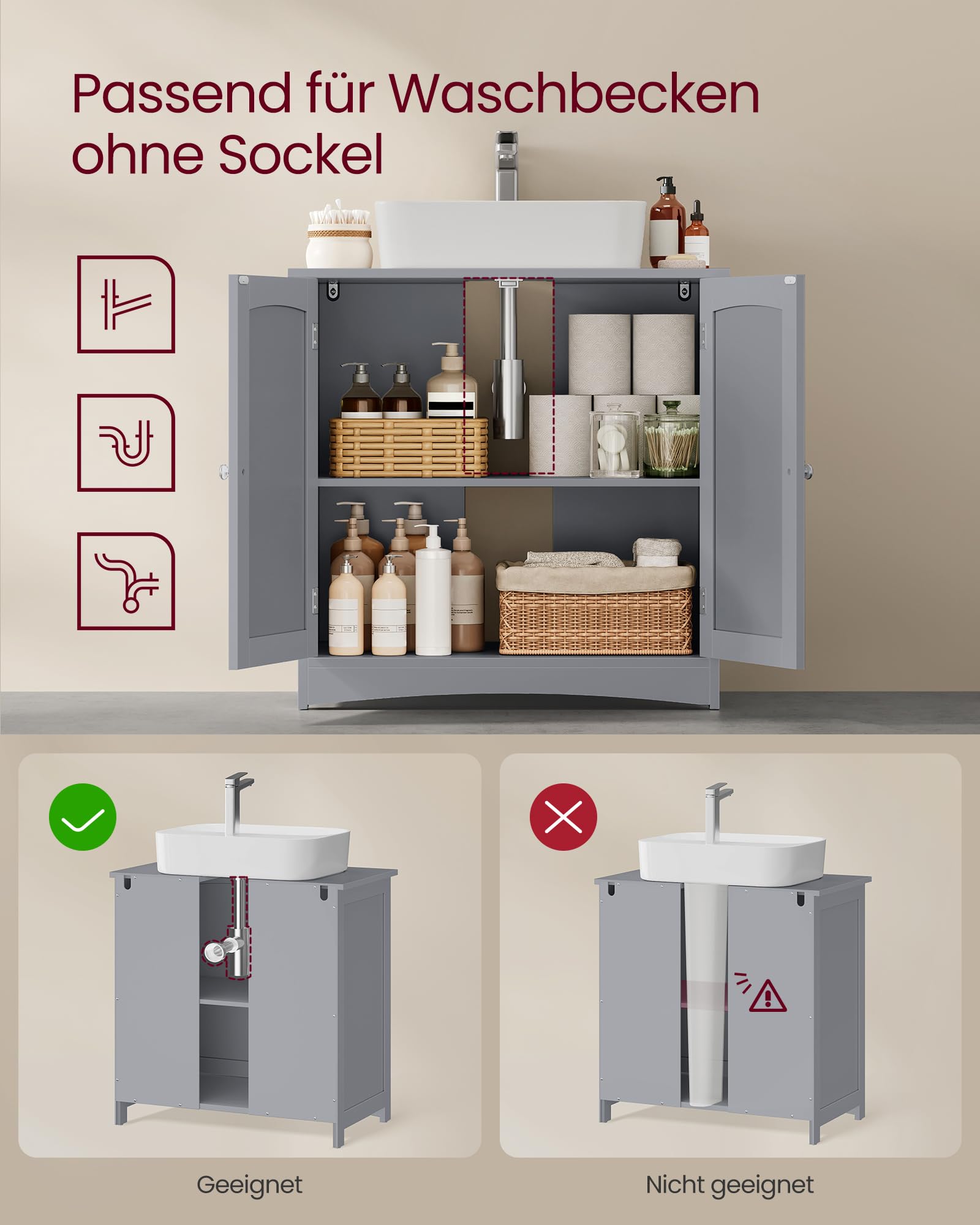 Platzsparender Waschbeckenunterschrank für kleine Bäder