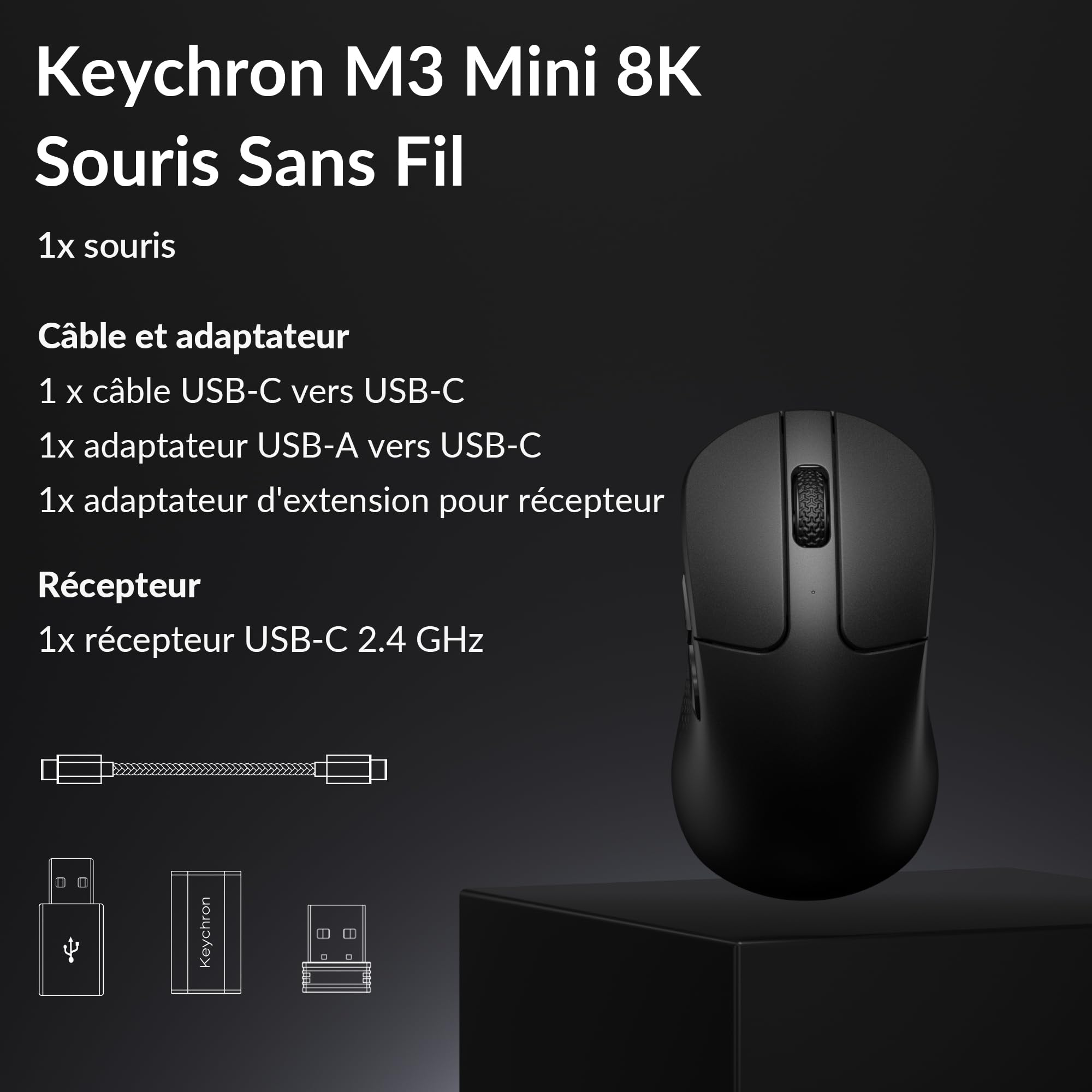Keychron M3 Mini 8K Souris Gaming, 2,4 GHz/Bluetooth 5,3/Filaire, 55g Ultra-légère, 8000 Hz, Capteur PixArt 3950, Programmable avec Launcher, 30 000 DPI/750 IPS, pour Windows, Mac et Linux - Noir