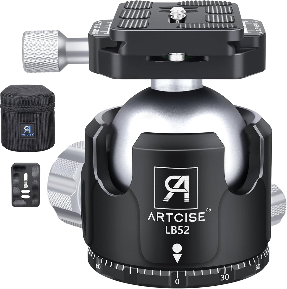 Low Profile Ball Head Tripod Mount Ball Head 52mm Diameter ARTCISE LB52 All Metal CNC Machining with Two 1/4" Quick Release Plates for Tripod, Monopod, DSLR, Camcorder，Max Load 66lbs /30kg