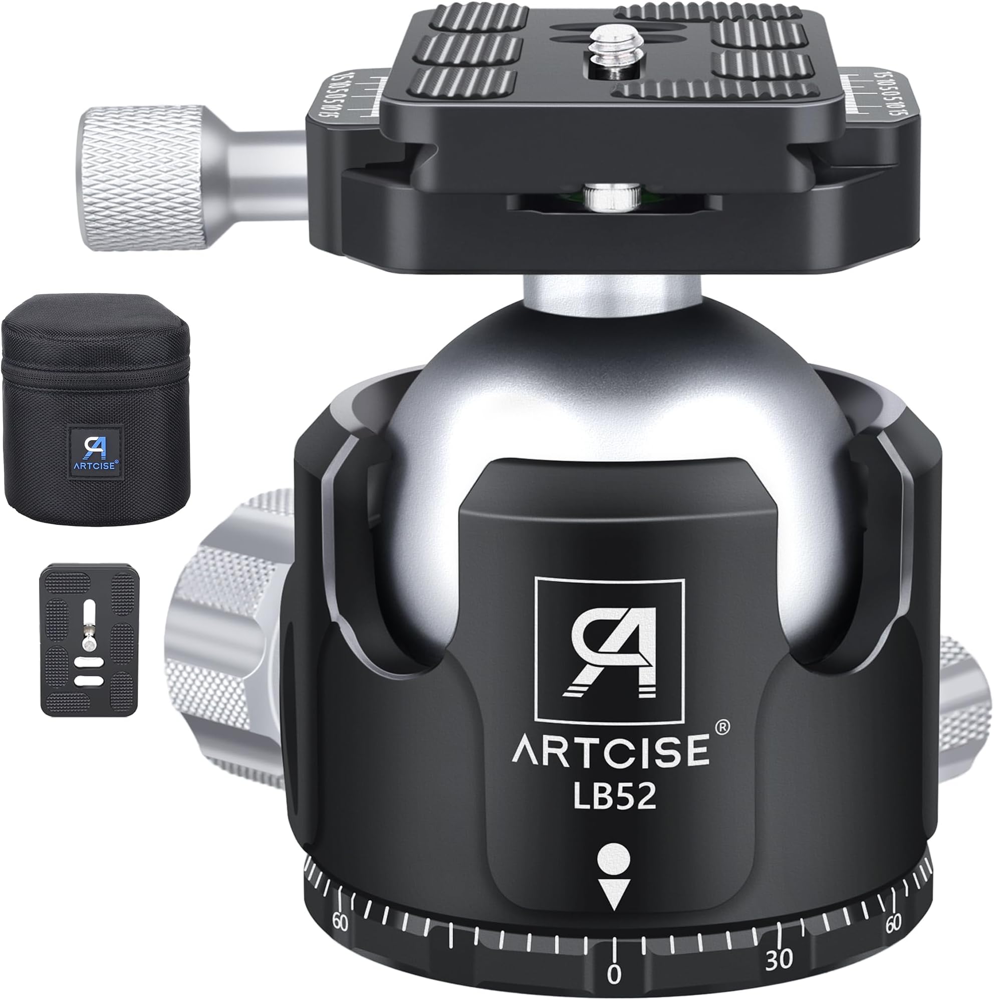 Low Profile Ball Head Tripod Mount Ball Head 52MM Diameter ARTCISE LB52 All Metal CNC Machining with Two 1/4" Quick Release Plates for Tripod, Monopod, DSLR, Camcorder，Max Load 66lbs /30kg