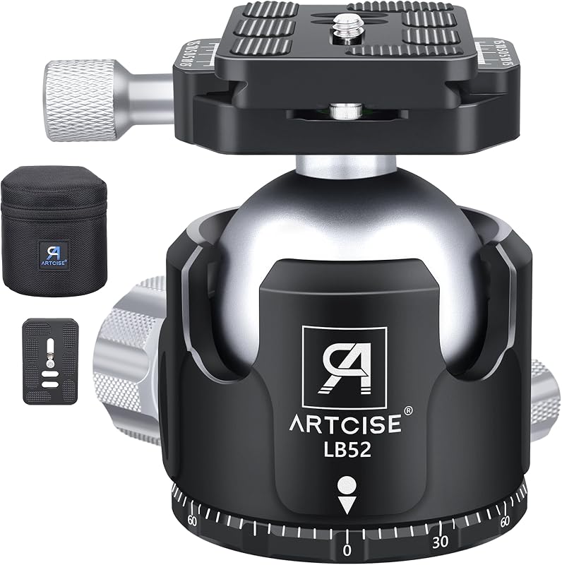 Low Profile Ball Head Tripod Mount Ball Head 52mm Diameter ARTCISE LB52 All Metal CNC Machining with Two 1/4" Quick Release Plates for Tripod, Monopod, DSLR, Camcorder，Max Load 66lbs /30kg