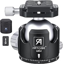 Low Profile Ball Head Tripod Mount Ball Head 52mm Diameter ARTCISE LB52 All Metal CNC Machining with Two 1/4" Quick Release Plates for Tripod, Monopod, DSLR, Camcorder，Max Load 66lbs /30kg