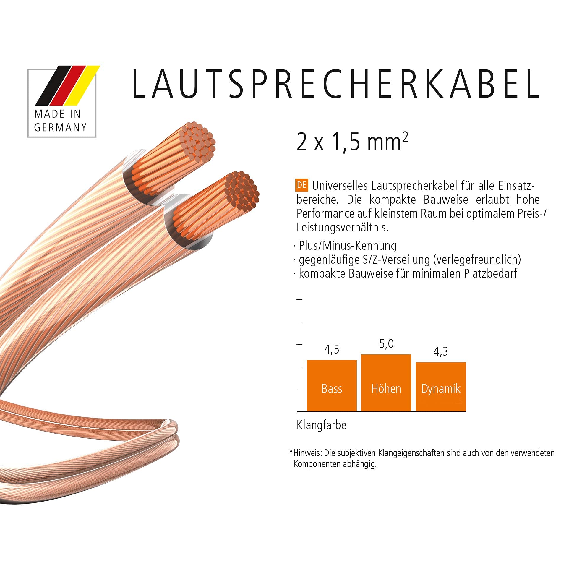 inakustik Cavo per altoparlante, 10 m, trasparente, 2 x 1,5 mm², con 8 manicotti terminali, corda S/Z amichevole, codificata, universale, articolo 003021010A, Made in Germany