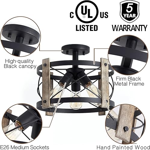 Miniatura 4 de Bargeni Montaje empotrado de techo rústico de 13 pulgadas, acabado negro mate, 3 lámparas de granja para sala de estar, cocina, dormitorio, comedor,