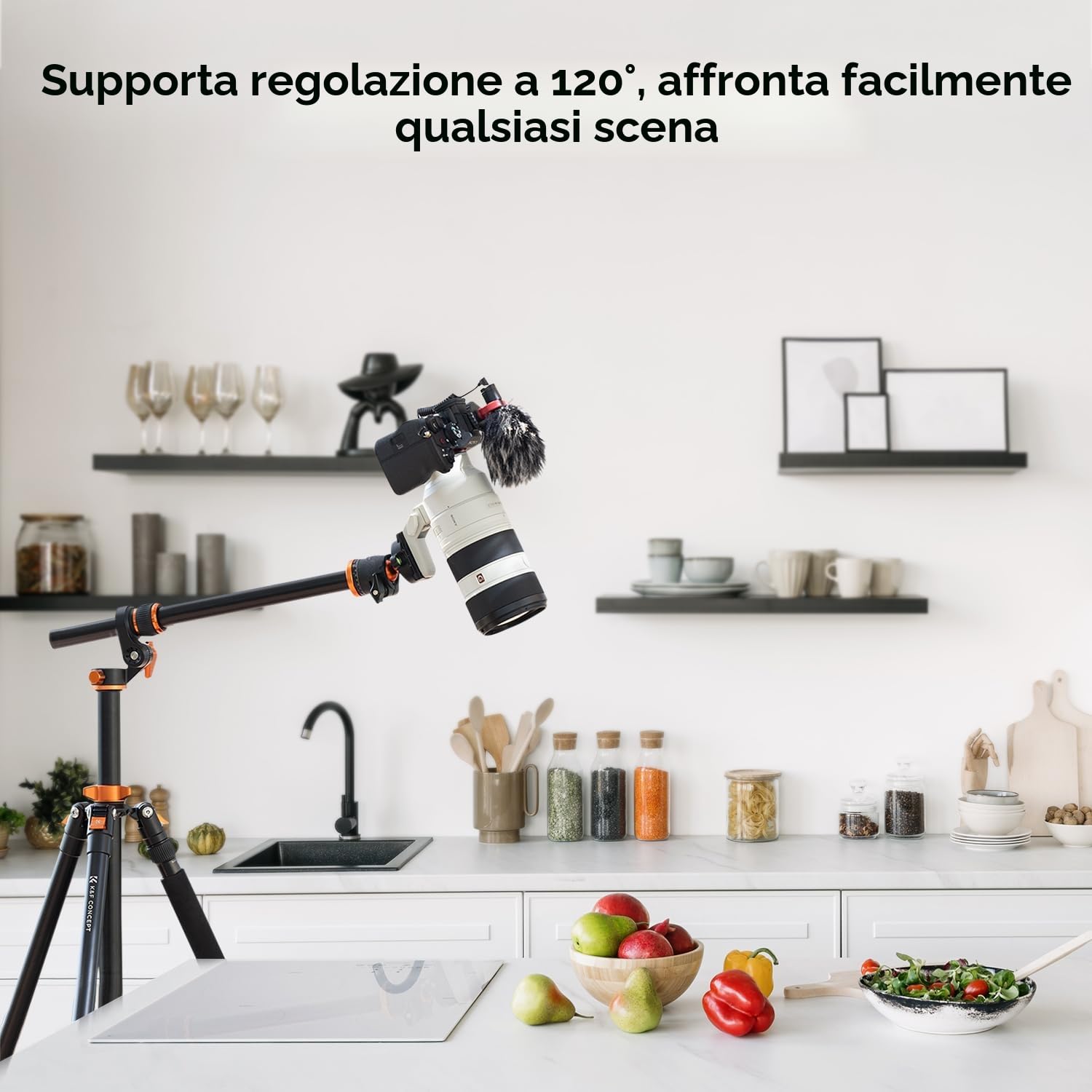 K&F CONCEPT Treppiede per Fotocamera Monopiede, 230cm Treppiede per Video Reflex con Braccio Orizzontale, Treppiede Professionale in Alluminio, con 360° Testa a Sfera per Camera Canon DSLR