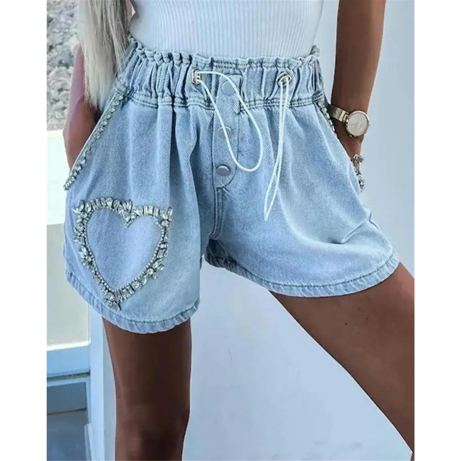 Pantaloncini Donna Pantaloncini da Carico Casual Estivo Femminile Temperamento di Pendolarismo Cardiaco di Tendenza in Denim Pantaloncini con Tasca