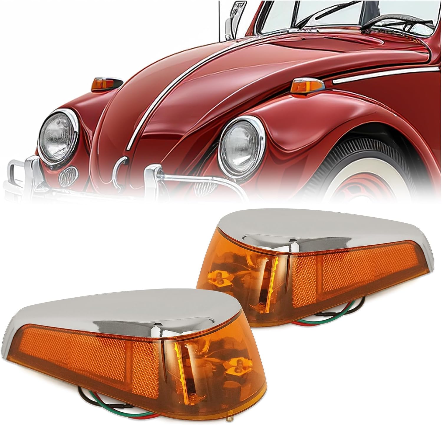 HECASA Pair Turn Signal Lights Compatible with 1970-1979 VW BUG Volkswagen Super Beetle Thing Halogen Front Turn Signal Lamp w/Bulbs Amber Lens Left&Right Side