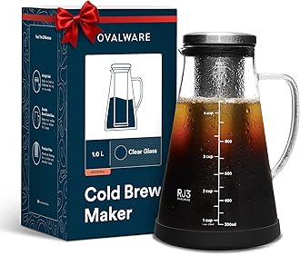 Ovalware RJ3 Airtight Cold Brew Iced Coffee Maker and Tea Infuser with Spout - 1.0L Brewing Glass Carafe with Removable Stainless Steel Filter