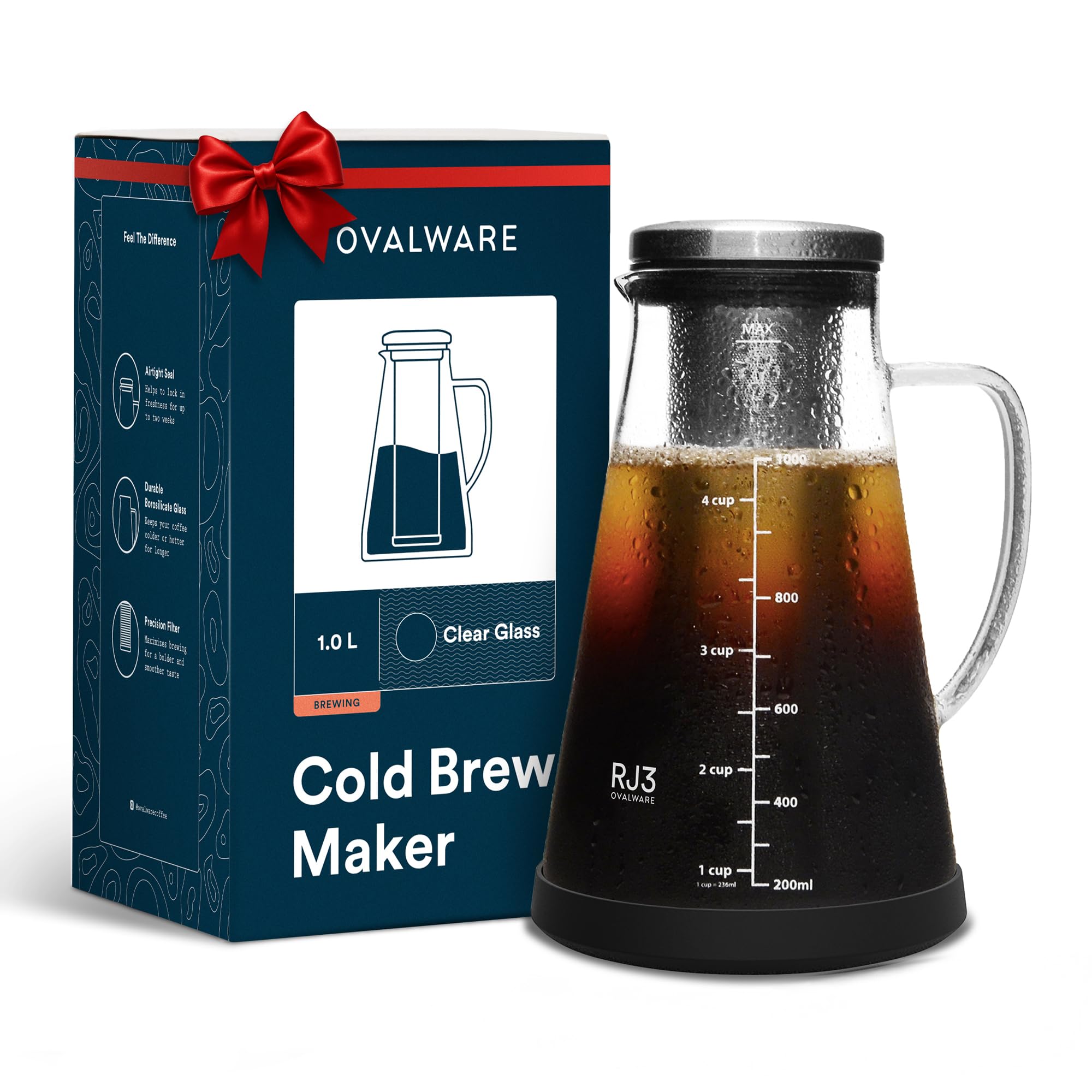OVALWARE Airtight Cold Brew Iced Coffee Maker Pitcher and Tea Infuser with Spout - 1.0L / 34oz Ovalware RJ3 Brewing Glass Carafe with Removable Stainless Steel Filter
