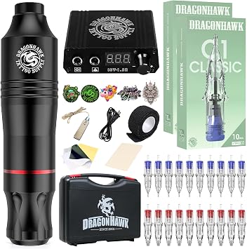 Dragon Hawk Cartridge Tattoo Machine Kit Rotary Tattoo Pen with Cartridge Needle Power Supply for Tattoo Artist
