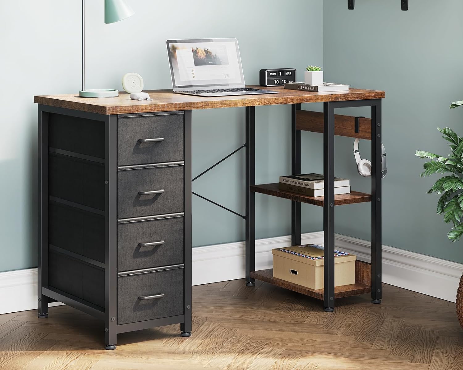 Casaottima 40 Inch Small Computer Desk with 4 Fabric Drawers, Modern PC Desk for Small Spaces, Home Office Desk with Storage Shelves, Vintage