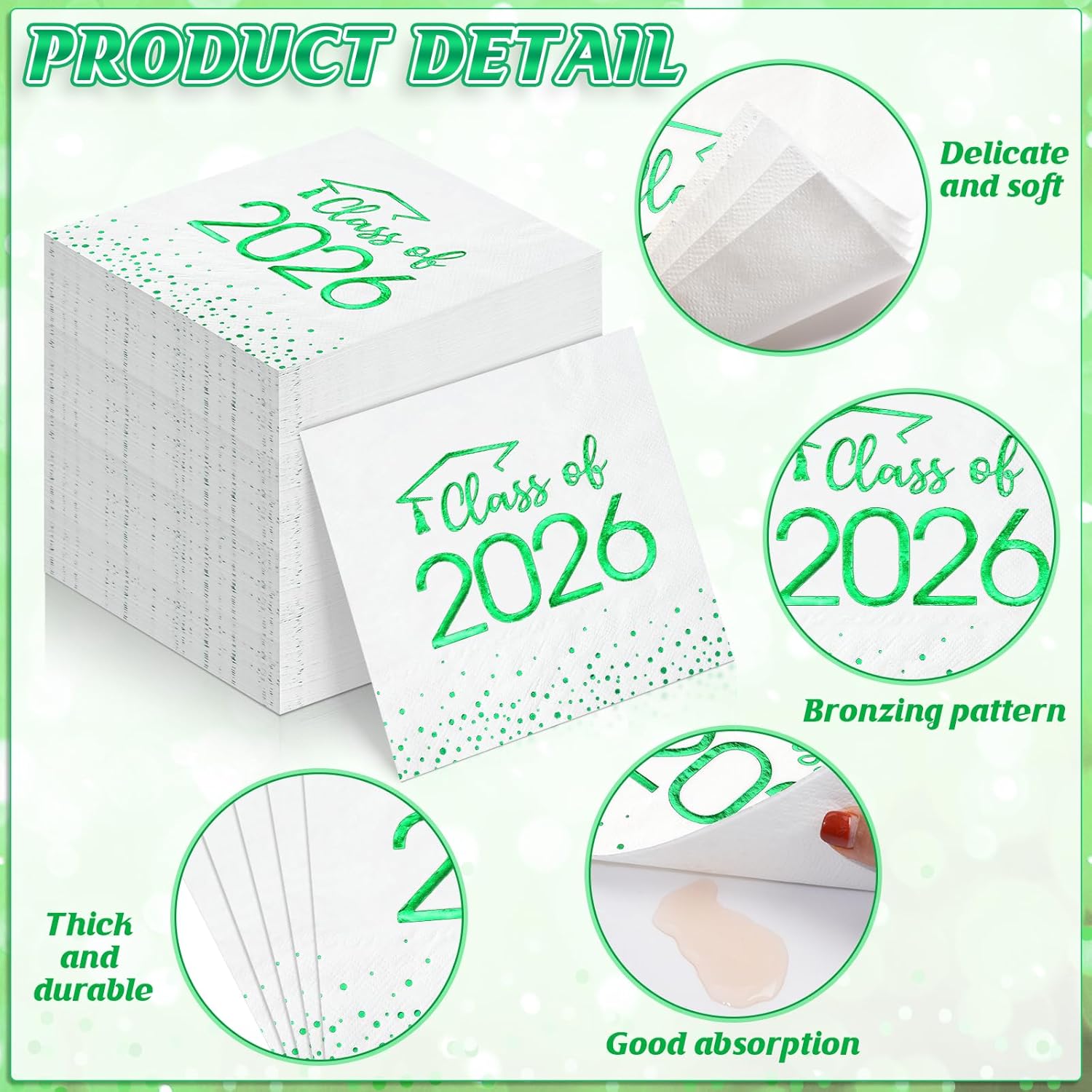 100Pcs Class of 2026 Graduation Napkins, Disposable Congrats Grad Paper Cocktail Napkins Square Foil Dot Hand Towels for 2026 School University College Graduation Party Decorations（White Green）