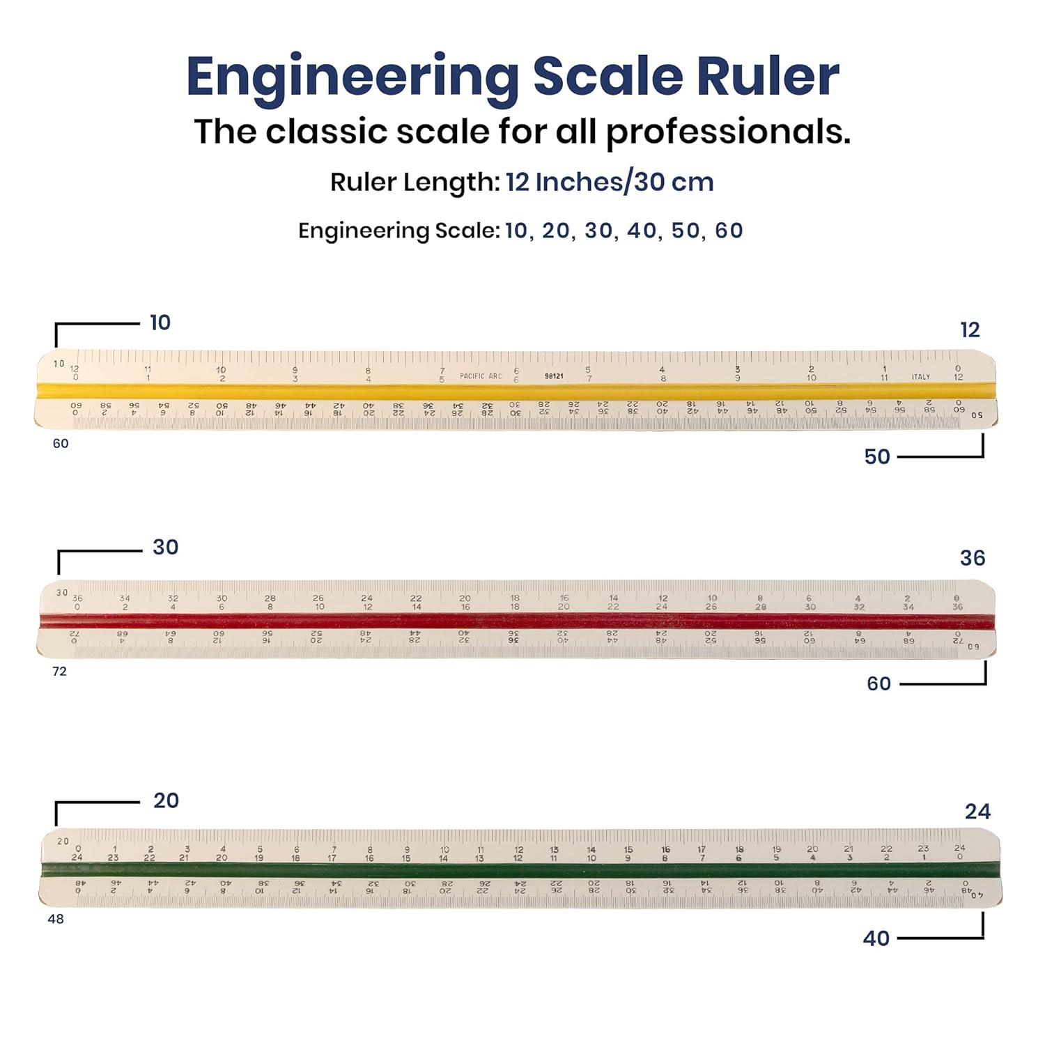 Pacific Arc Engineering Wood Core Scale Ruler, Divided by: 10, 20, 30, 40, 50, 60 Part Scale Degrees, 12 inch, Made in Italy
