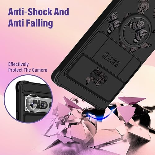 Miniatura 3 de (2en1 para Google Pixel 7 Pro Funda para Mujeres Mariposa Linda Niñas Cubierta de Teléfono Diseño de Mariposa Estética Linda Diseño Negro con