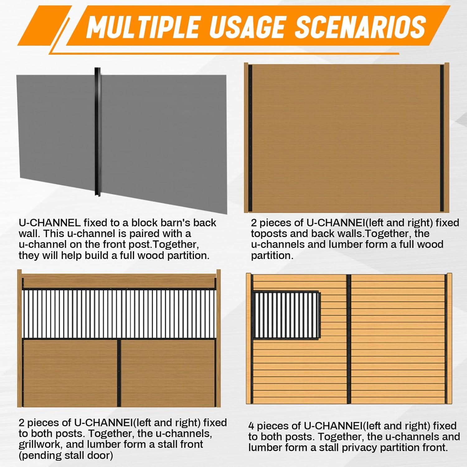 12 Pack 42 Inch Horse Stall Wall Channels Galvanized Steel Easy Installation Horse Stall Chew Guards Wood Protector with 120 Screws, Black