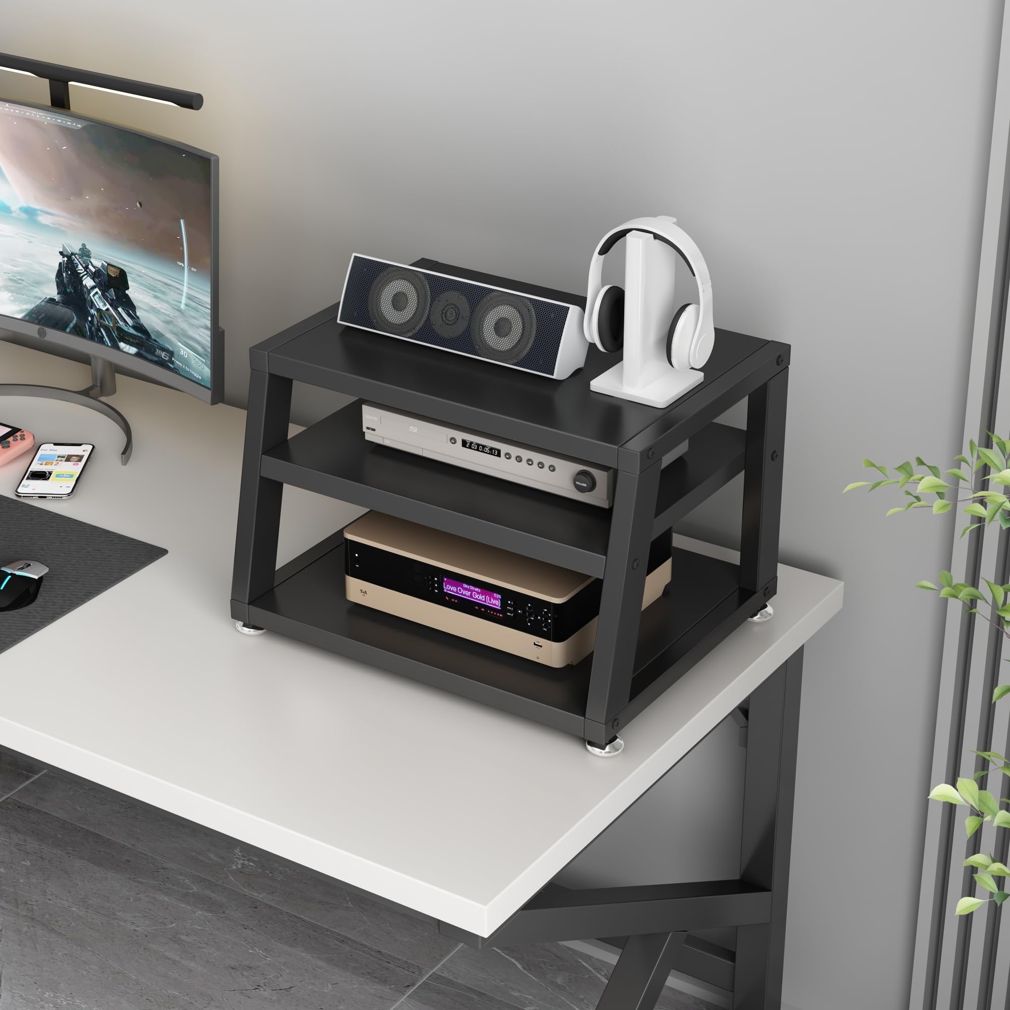 Supporto per lettore multimediale AV a 3 livelli, multifunzionale, per casa, ufficio, amplificatore da scrivania, lettore DVD, supporto stereo con ripiani in legno e telaio in acciaio (A, 40 cm)