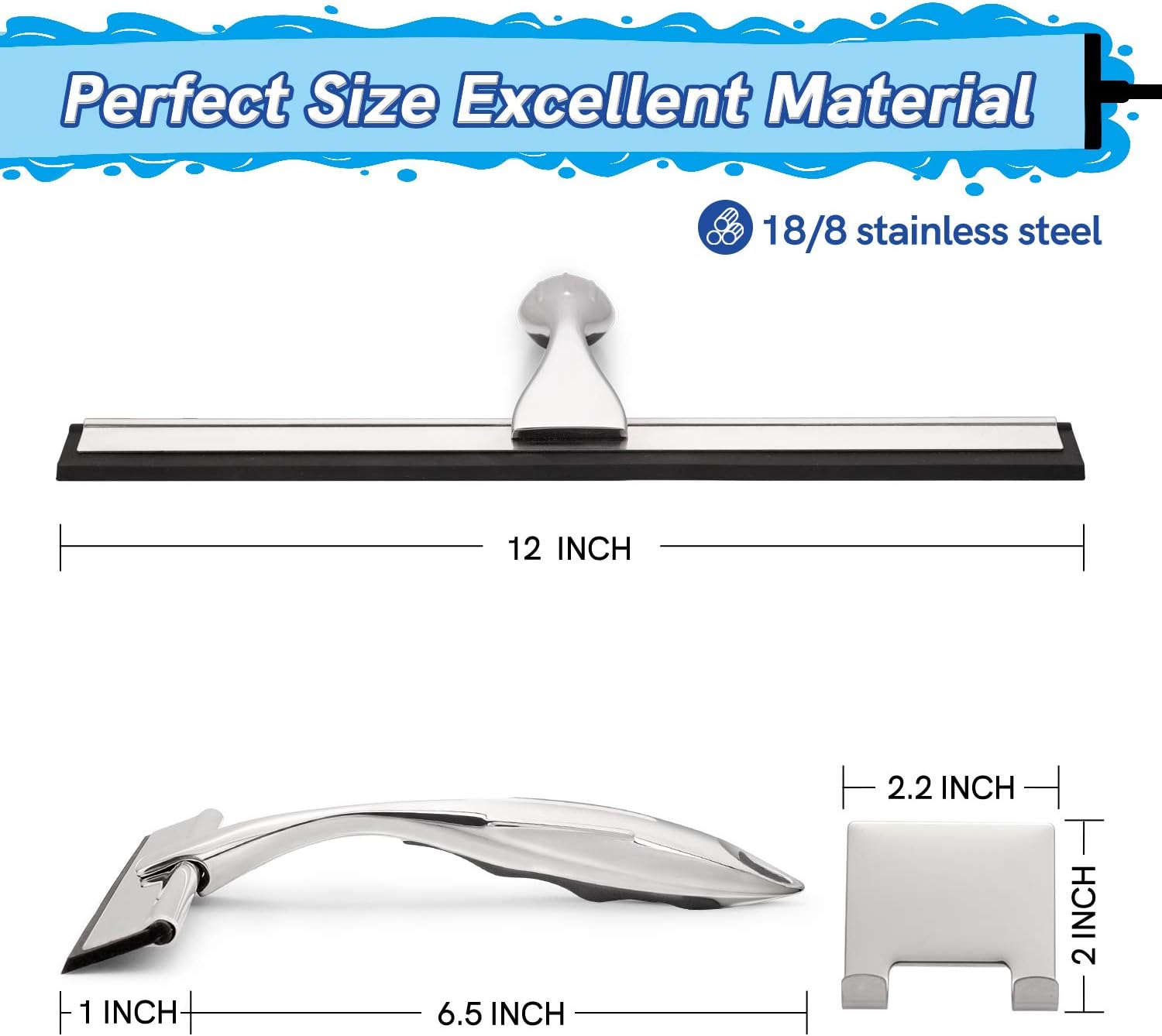 HIWARE All-Purpose Shower Squeegee for Shower Doors, Bathroom, Window and Car Glass, Ergonomic Non-Slip Handle, No Streak or Squeak, Stainless Steel, 12 Inches