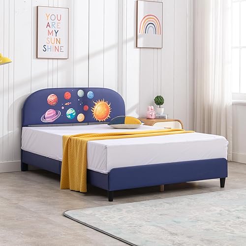 Miniatura 1 de Marco de cama para niños pequeños, marco de cama individual para niños con cabecero, no necesita somier, poliuretano Leathez adecuado para niños y