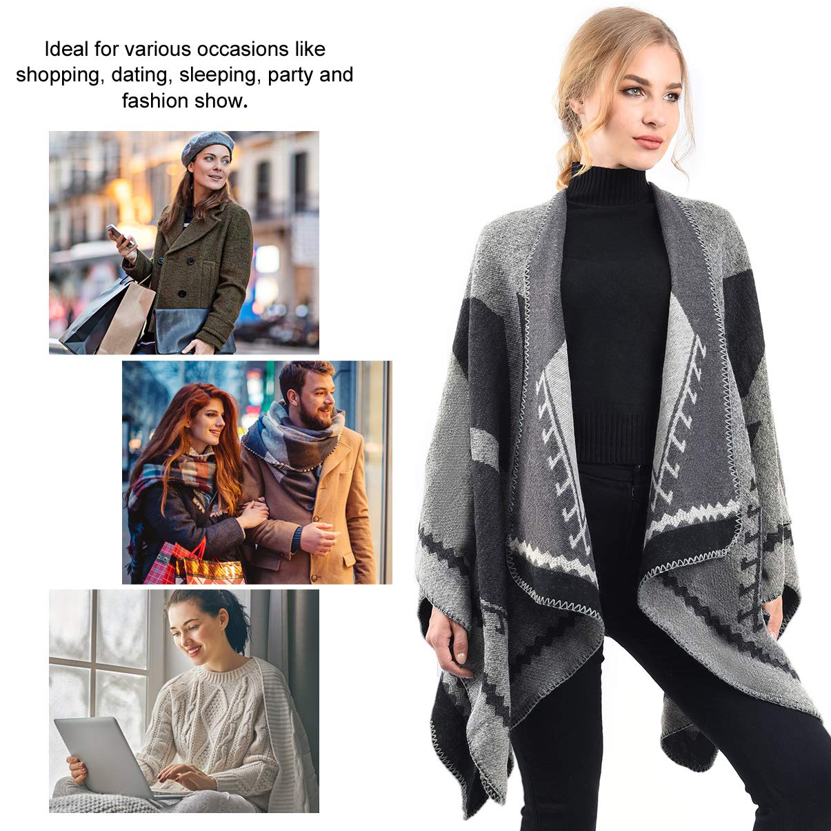 OOPOR Zimowy szal owijany ponczo peleryna - damski ciepły otwarty przód nadruk dwustronny koc oversize kardigan modny elegancki dzianinowy jesienny wełniany sweter w kratę polarowy szalik płaszcz