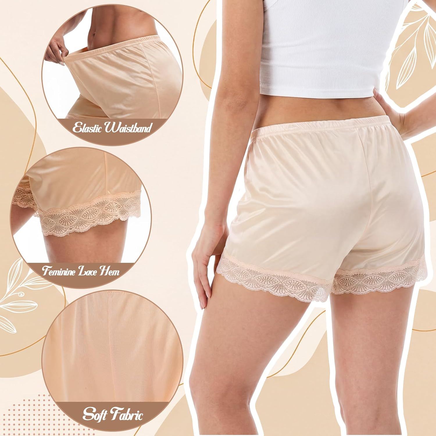 Chicingyou 6 Pcs Women's Slip Shorts Under Dress Satin Half Slip Pettipants Bloomers Shorts with Lace Trim Silky Anti Chafing