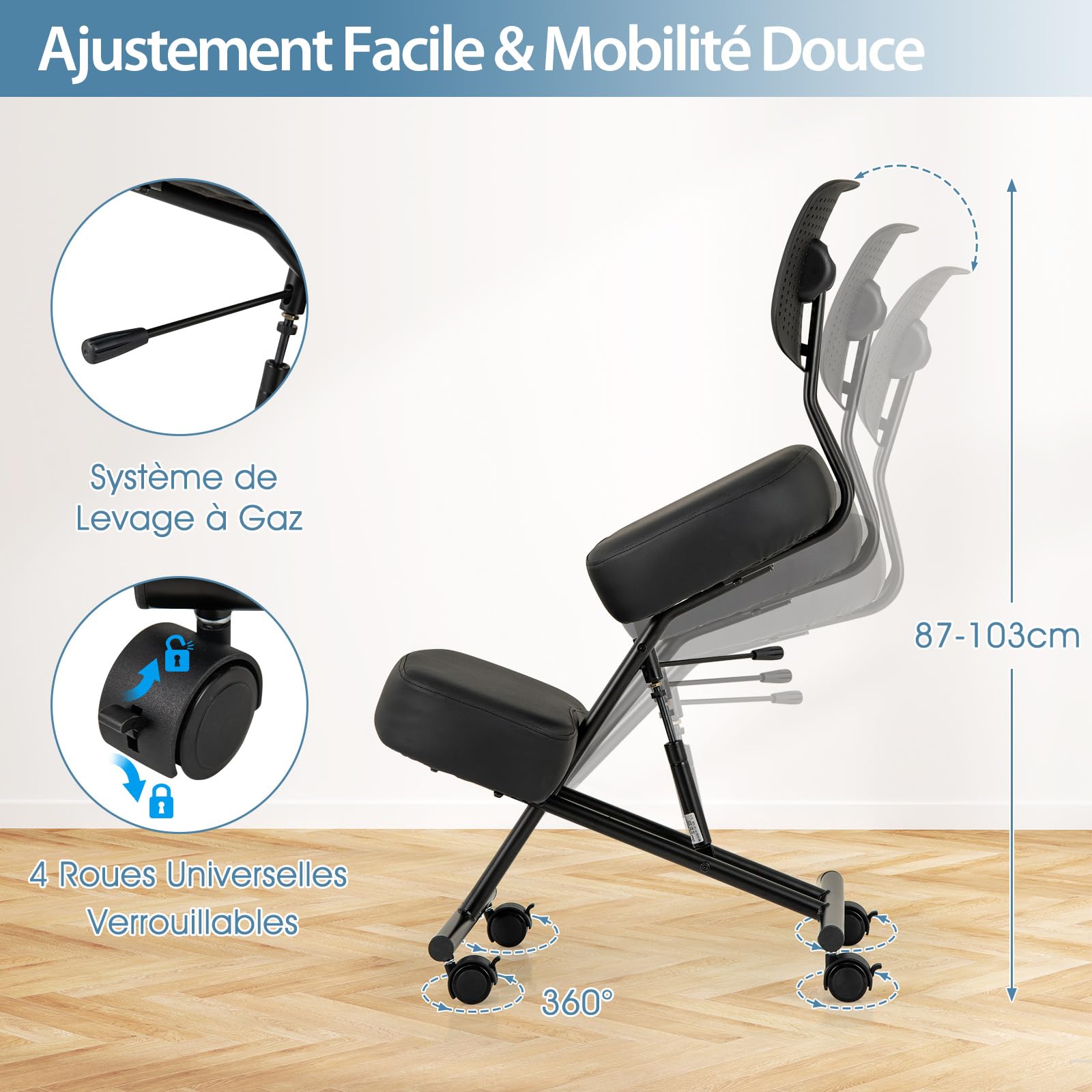 COSTWAY Chaise à Genoux Ergonomique avec Dossier, Siege Assis Genoux Réglable, Tabouret Bureau Orthopédique avec Roues Universelles Verrouillables, Correcteur de Posture Confortable, Noir