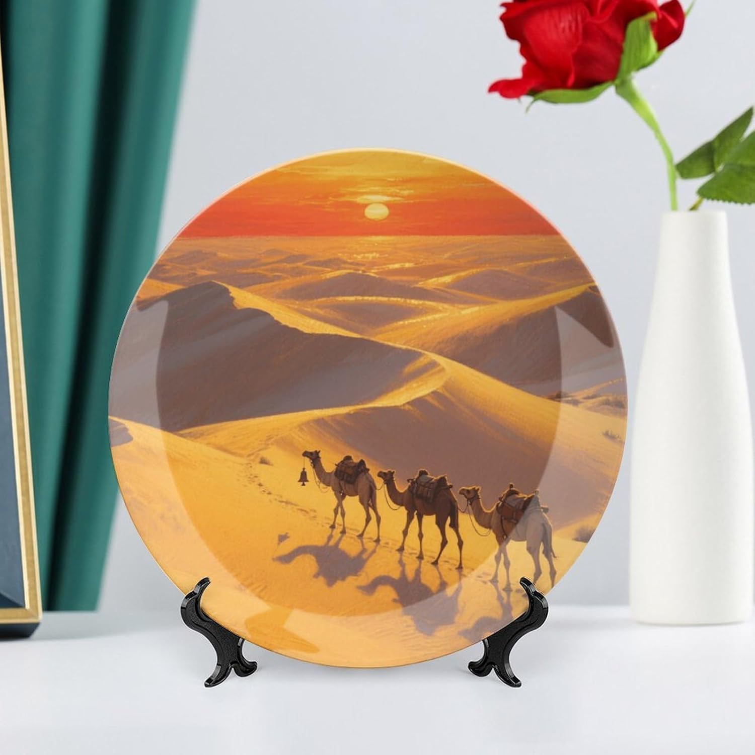 Bone China Decorative Plates Desert Camel Bells at Dusk Ceramic Decorative Plate Wall Decor with Display Stand Ceramic Ornaments for Wall Hanging Decoration