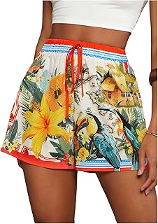 Women's Tropical Drawstring Waist Summer Shorts Straight Leg Boho Shorts