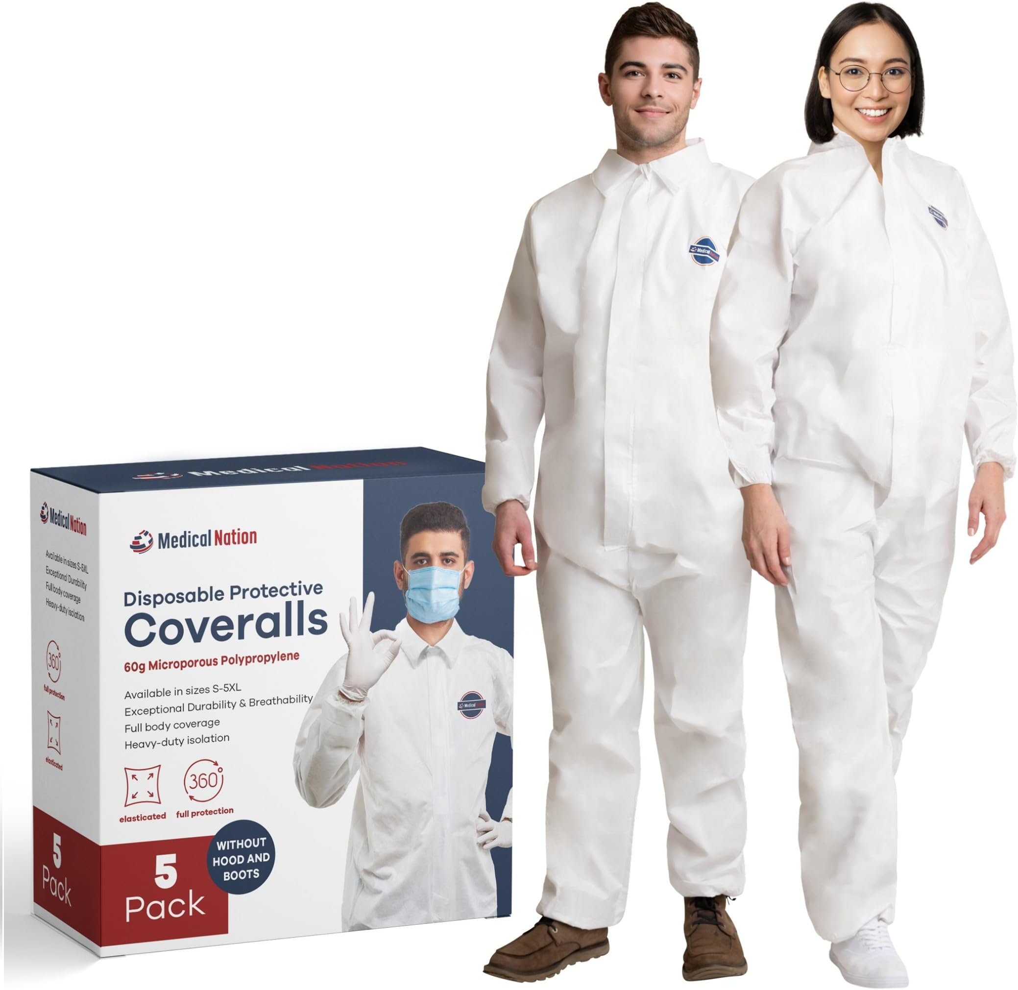 Medical Nation Hazmat Suits Disposable | 5 Pack, 2X-Large | Non-Hooded Protective Coveralls | Heavy Duty Full Body Painters Suit for Men & Women Without Hood - Breathable & Water Resistant - 2XL