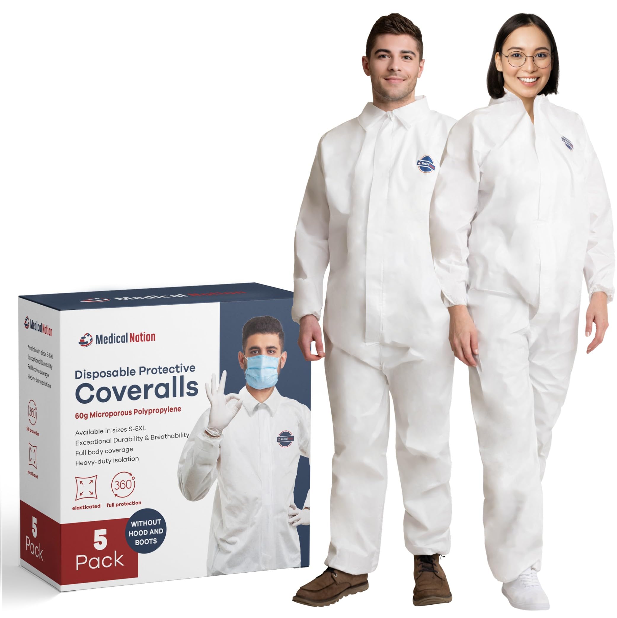 Hazmat Suits Disposable | 5 Pack, 2X-Large | Non-Hooded Protective Coveralls | Heavy Duty Full Body Painters Suit for Men & Women Without Hood - Breathable & Water Resistant - 2XL