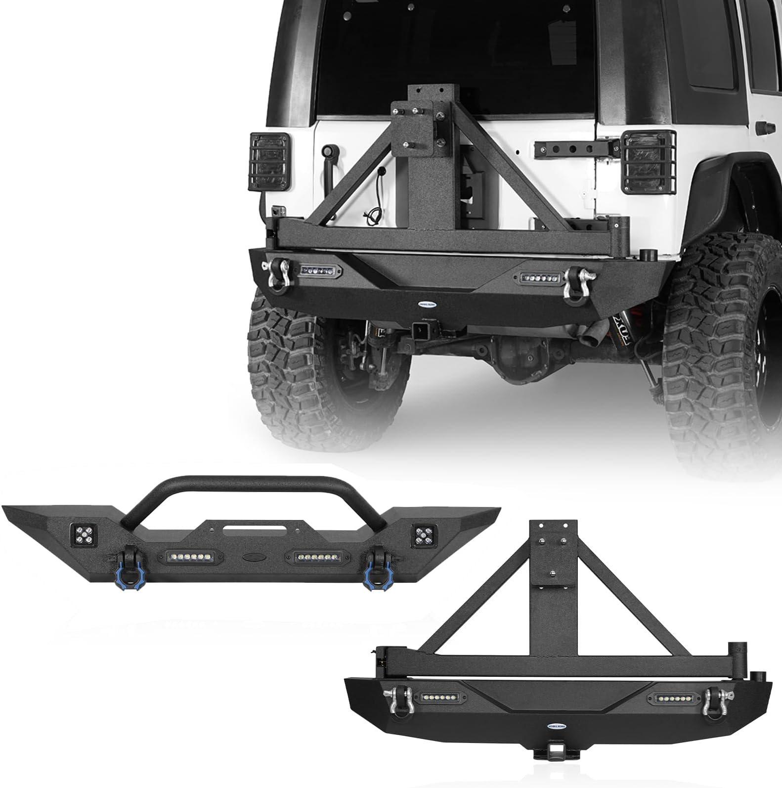 Hooke Road Wrangler Rear Bumper with Spare Tire Carrier + Steel Front Bumper Combo Compatible with Jeep Wrangler JK 2007-2018 2/4 Doors