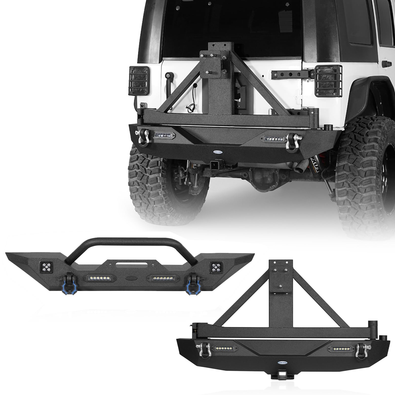 Hooke Road Wrangler Rear Bumper with Spare Tire Carrier + Steel Front Bumper Combo Compatible with Jeep Wrangler JK 2007-2018 2/4 Doors