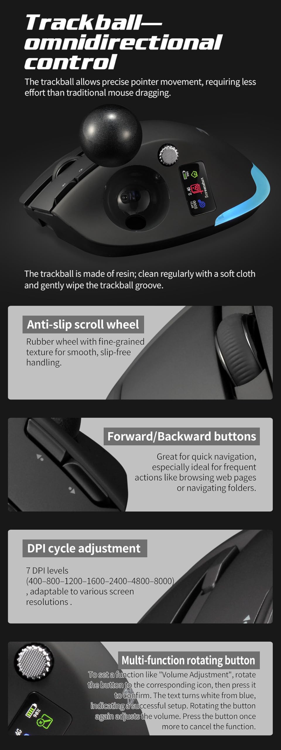 Zeerkeer Trackball Ratón Inalámbrico, Ratón Ergonómico para PC/Mac/Tablet