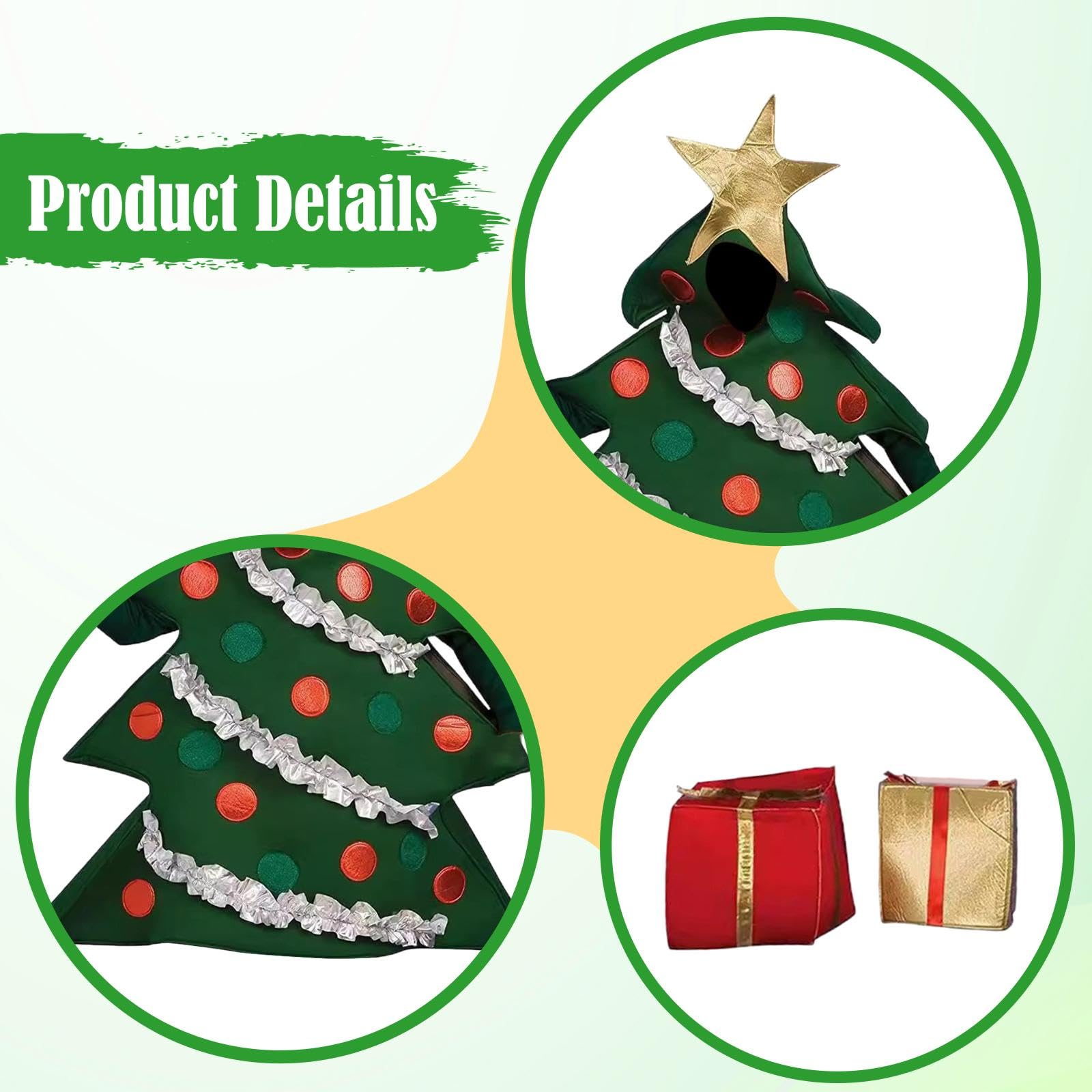 Weihnachtsbaumkostüm für Erwachsene mit Ornamentdetails und goldenen Schuhüberzügen, Verkleidungsset für Cosplay und Weihnachtsfeiern (Größe 155-175 cm)