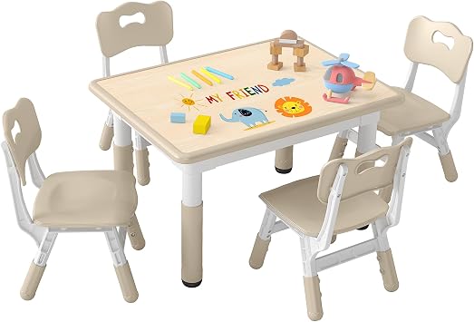 DOREROOM Height-Adjustable Kids Table and 4 Chairs Set, Toddler Table and Chair Set with Graffiti Desktop, 31.5L x 23.6W Children Activity Table for Daycare, Classroom, Home