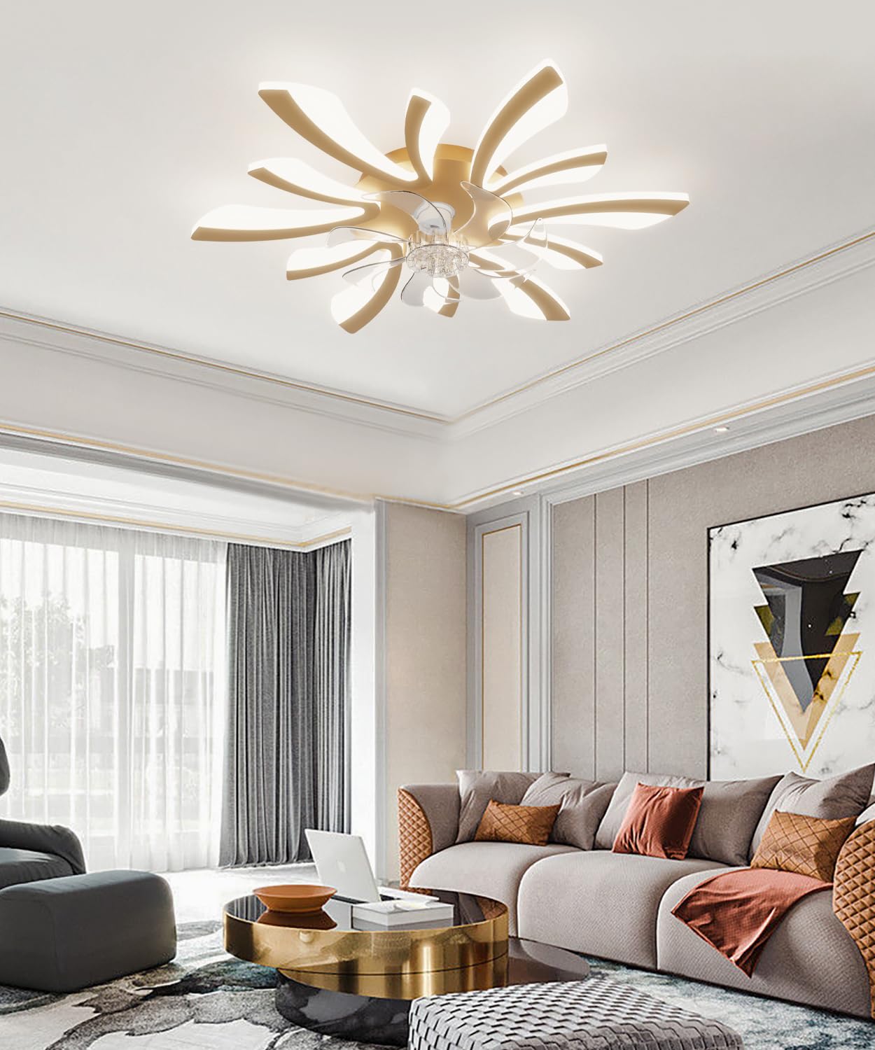 LJX Lampa sufitowa z wentylatorem, kompatybilna z Alexa i Google Assistant Dc, 78 cm, lampa sufitowa z wentylatorem, cicha praca zimowa/letnia, ściemniana, do sypialni, kuchni, złota