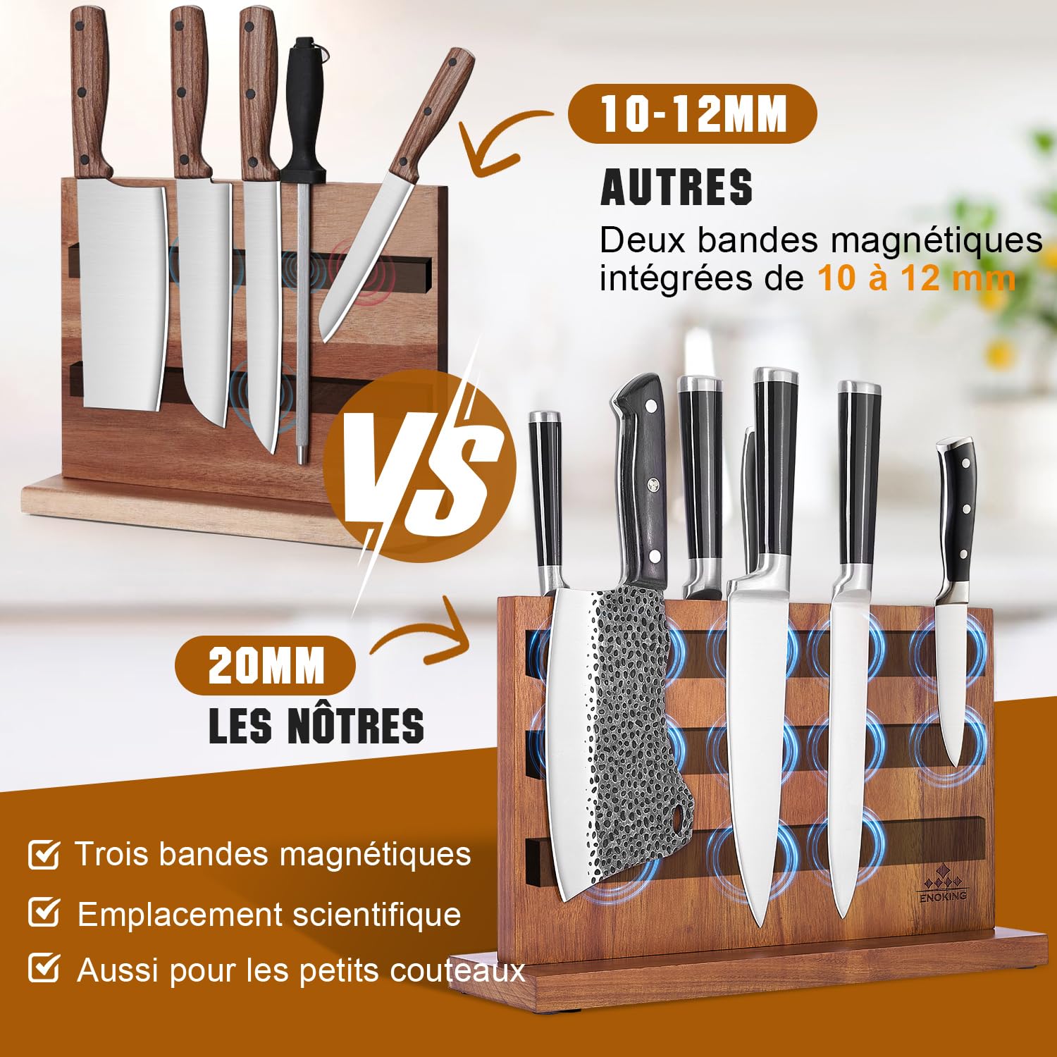 ENOKING Grand Bloc à Couteaux Magnétique 38,6 x 23 cm, Double Face Porte Couteaux Aimanté, Bloc Couteaux Cuisine en Bois d'Acacia, Range Couteau de Cuisine avec Aimant Puissant