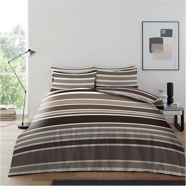 Lions 4 Piece Complete Bedding Sets - Textured Striped Natural Double Duvet Cover Set 200x200cm With 1x Fitted Sheet and Matching 2x Pillowcase, Soft Poly Cotton Bed Linen, Reversible Quilt Covers