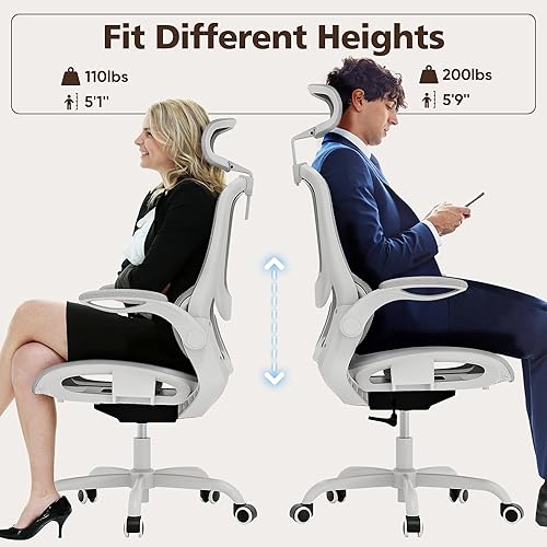 Miniatura 9 de GABRYLLY Silla de oficina ergonómica de malla, silla de escritorio blanca, reposabrazos abatible, reposacabezas ajustable, inclinable con asiento