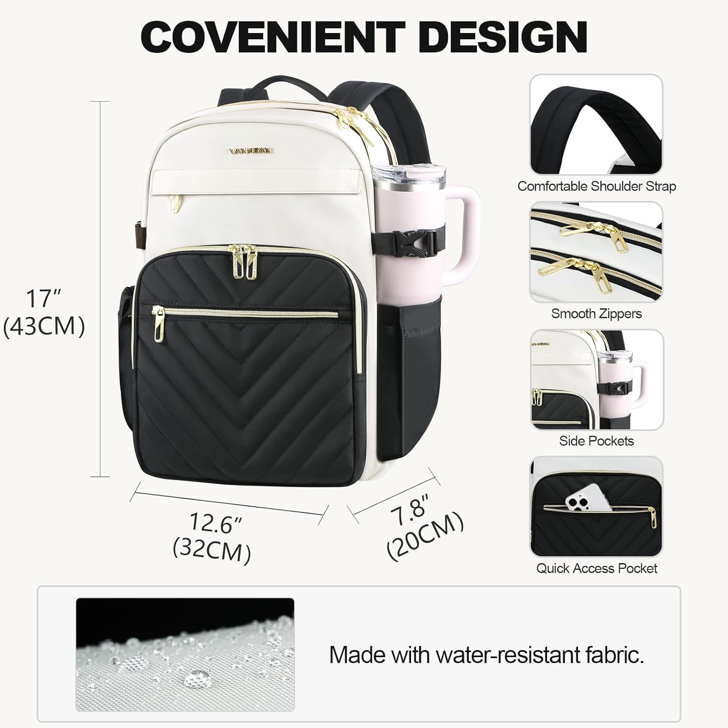 VANKEAN Laptop Backpack for Women with Pouch Pocket for Large Capacity Tumbler, 15.6 Inch Laptop Computer Bag Travel Backpack Purse,Waterproof Work Business Backpack College Teacher Bags Beige-Black