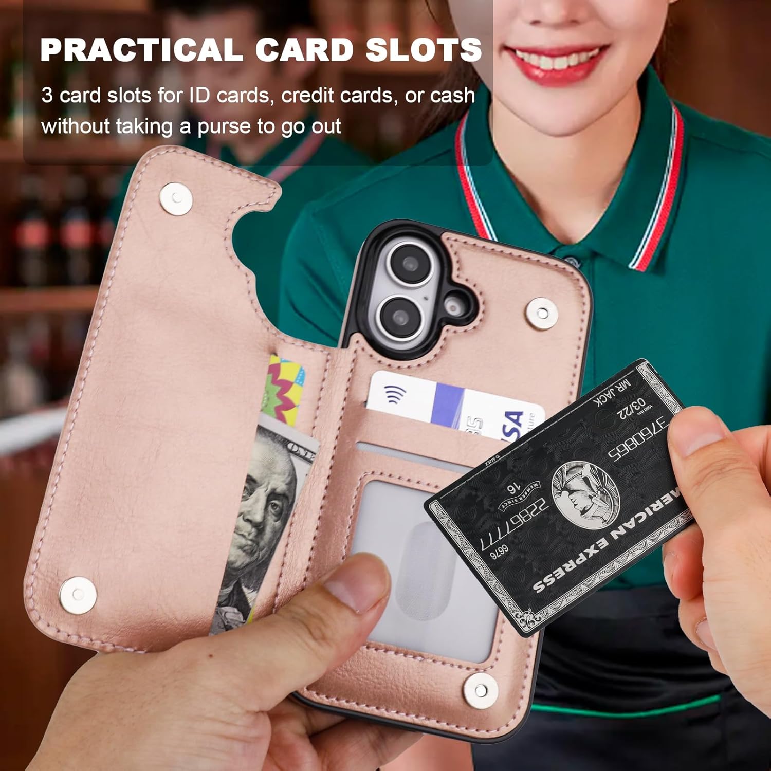 ONETOP for iPhone 16 Wallet Case with Card Holder, 360° Rotation Ring Kickstand RFID Blocking PU Leather Double Magnetic Clasp Shockproof Cover for Women and Girls 6.1 Inch (Rose Gold) - Image 2