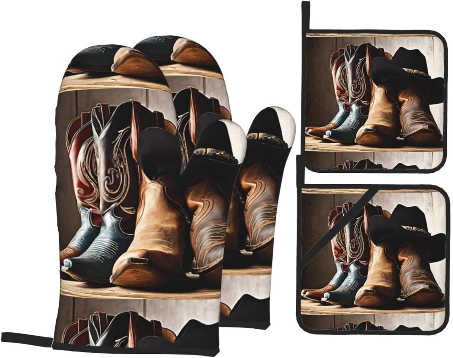 (Cowboy Black Hat Western Boots) Baking 4-Piece Set: 2 Oven Mitts and 2 Pot Holders Heat Resistant Waterproof Hanging Loop for Kitchen Oven Grill Housewarming Gifts