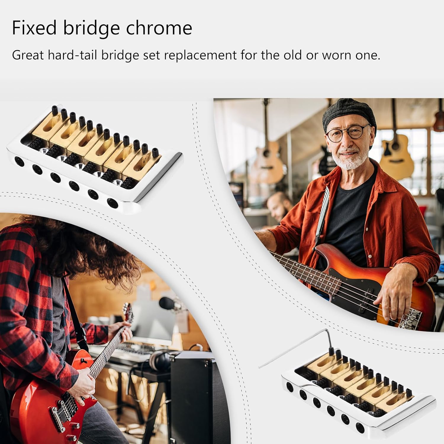 6 String Hard-tail Fixed Bridge Set with Wrench and Screws for Electric Guitar Replacement Parts guitar bridge, bridge(Golden)