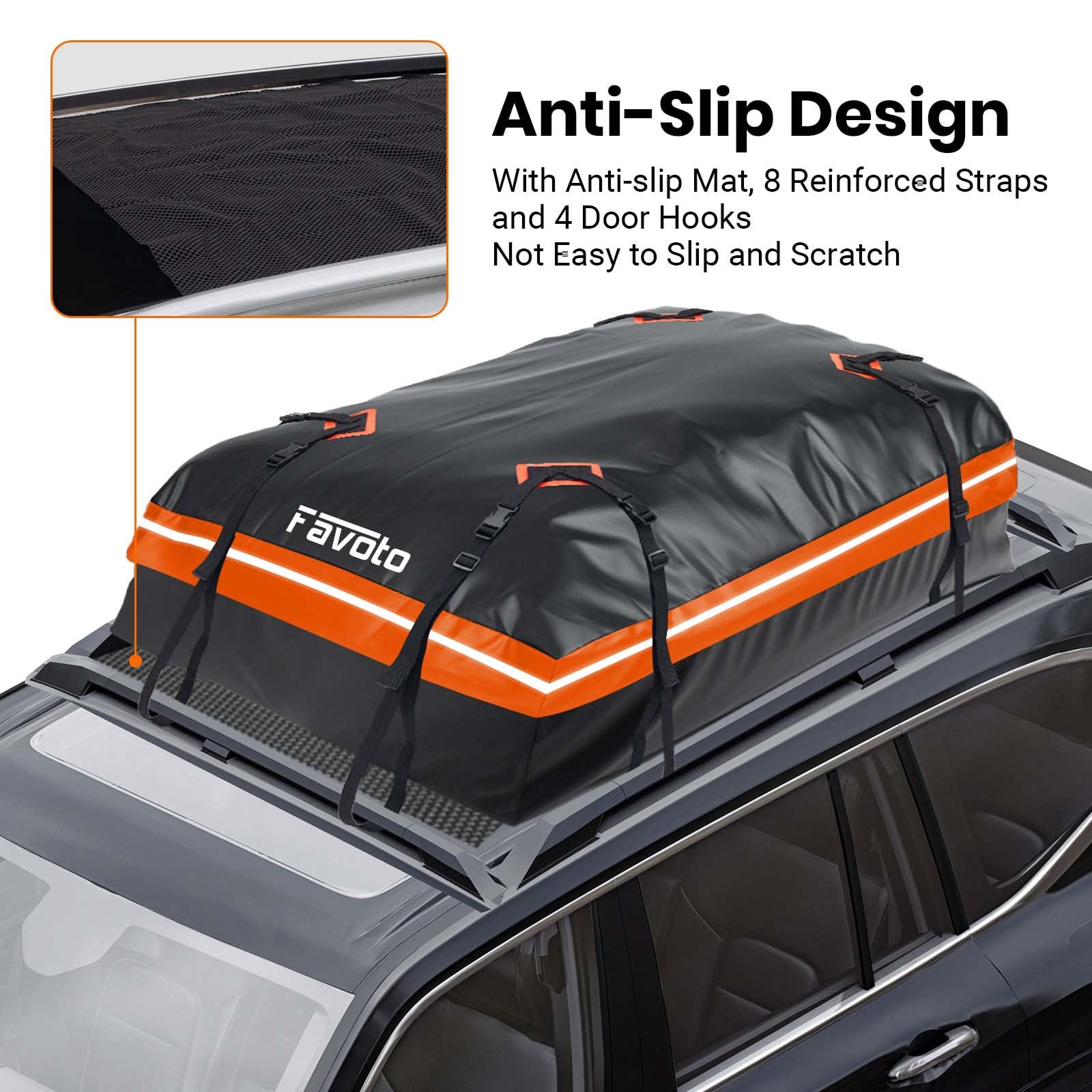 Favoto Dachbox 566L Faltbarer Dachkoffer wasserdichte Dachtasche mit Antirutschmatte Türhaken Verstärkungsgurte für PKW Autos SUVS mit/ohne Gepäckträger Reisen Gepäcktransport Schwarz-Orange