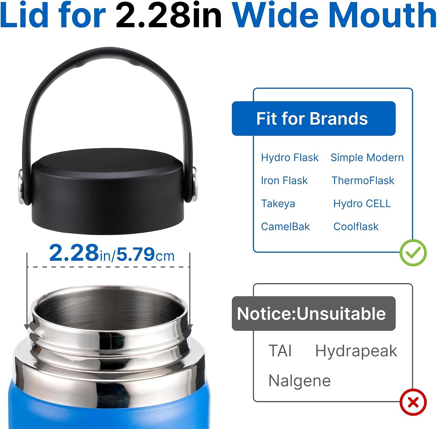 Replacement Lid for Hydroflask,Klean Kanteen,Simple Modern Wide Mouth Bottles, Flask Cap for 12-64oz Sports Water Bottles Accessories (2 Pack）