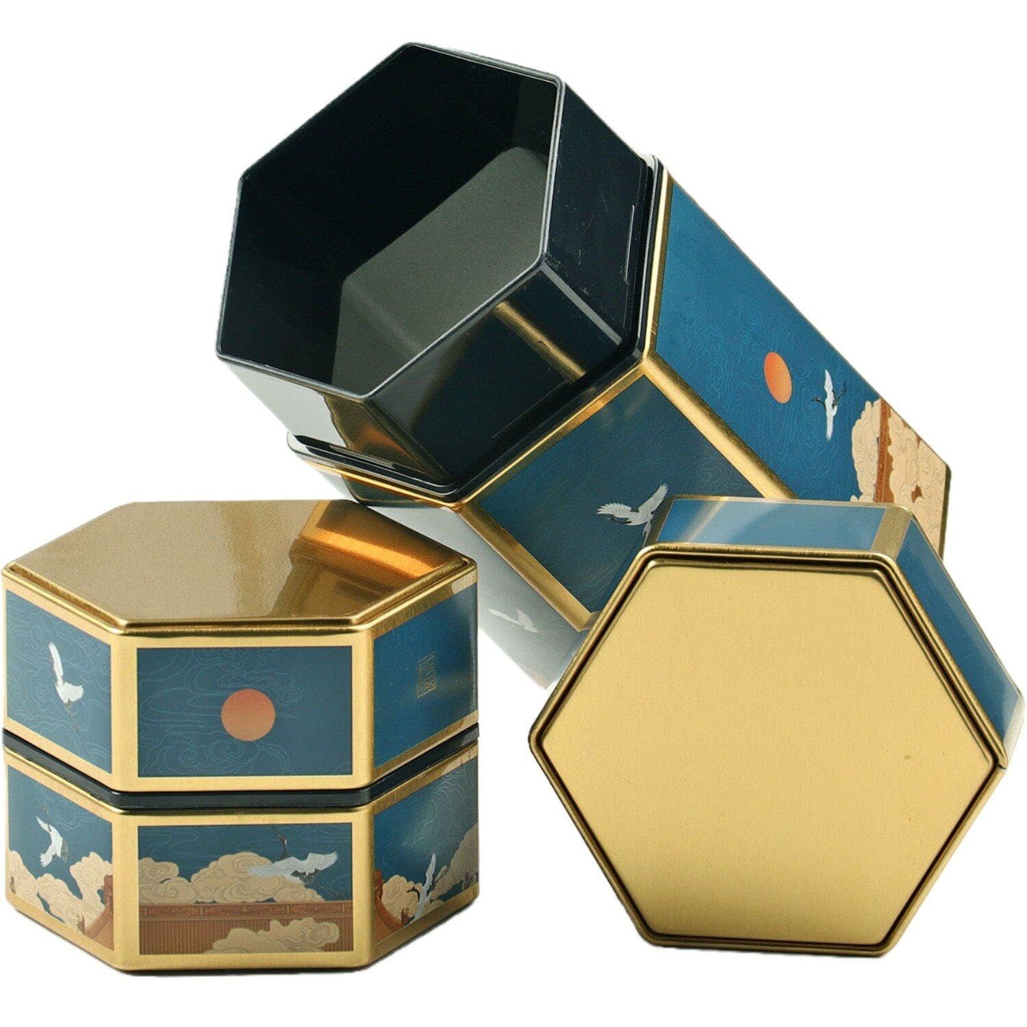 Lpitoy Style 3 Hexagon Tea Storage Containers, Tinplate Tea Organizer, Airtight Tea Canisters, Vintage Style, 2 Pack