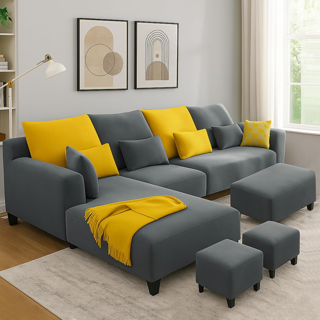 FURNY Mintora 8 Seater Fabric LHS L Shape Sofa Set with 1 Centre Table & 2 Puffys (Dark Grey) with Extra Cushions | Premium Velvet Finish | Ideal for Living Room FURNY Mintora 8 Seater Fabric LHS L Shape Sofa Set with 1 Centre Table & 2 Puffys (Dark Grey) with Extra Cushions | Premium Velvet Finish | Ideal for Living Room