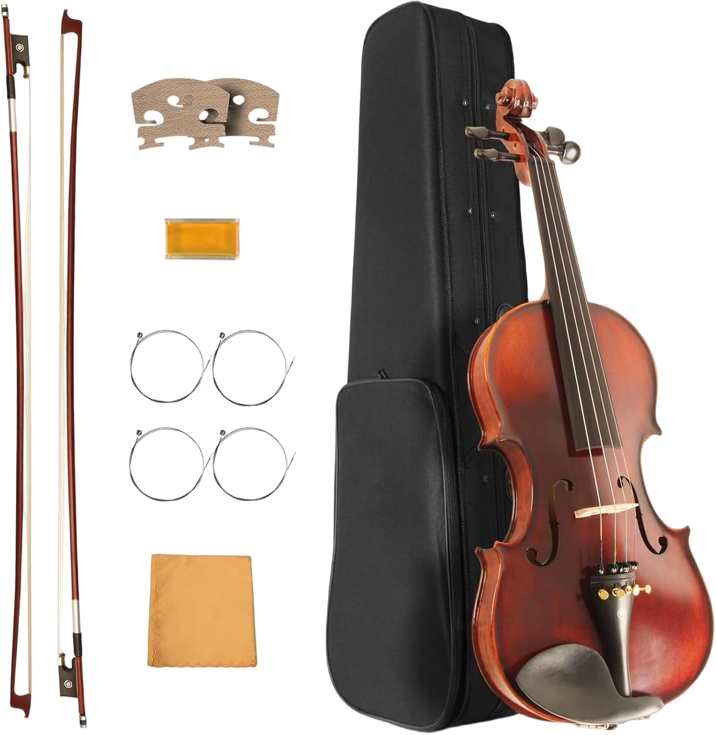 4/4 Violin for Beginners, Acoustic Full Size Starter Kit for Adult Beginners, Stringed Musical Instrument w/Case, 2 Violin Bows, 2 Bridges, Strings, Rosin, Cleaning Cloth (MV500, Full)