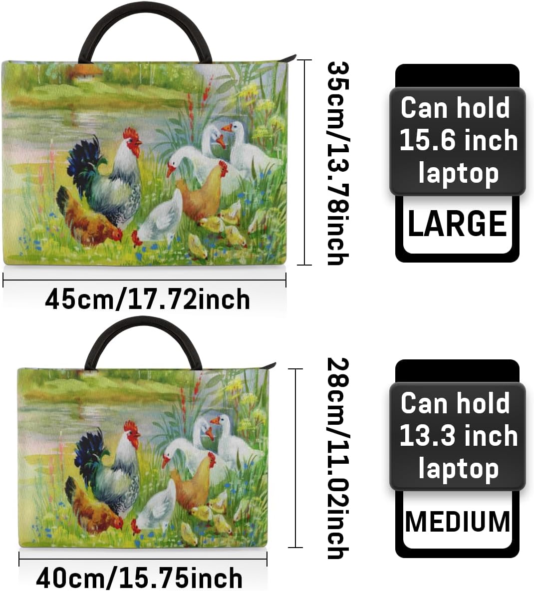Watercolor Rooster Hen Chicken Laptop Sleeve 17 Inch Durable Waterproofing with Handle Portable Laptop Case Compatible with Asus HP Dell Lenovo Notebooks