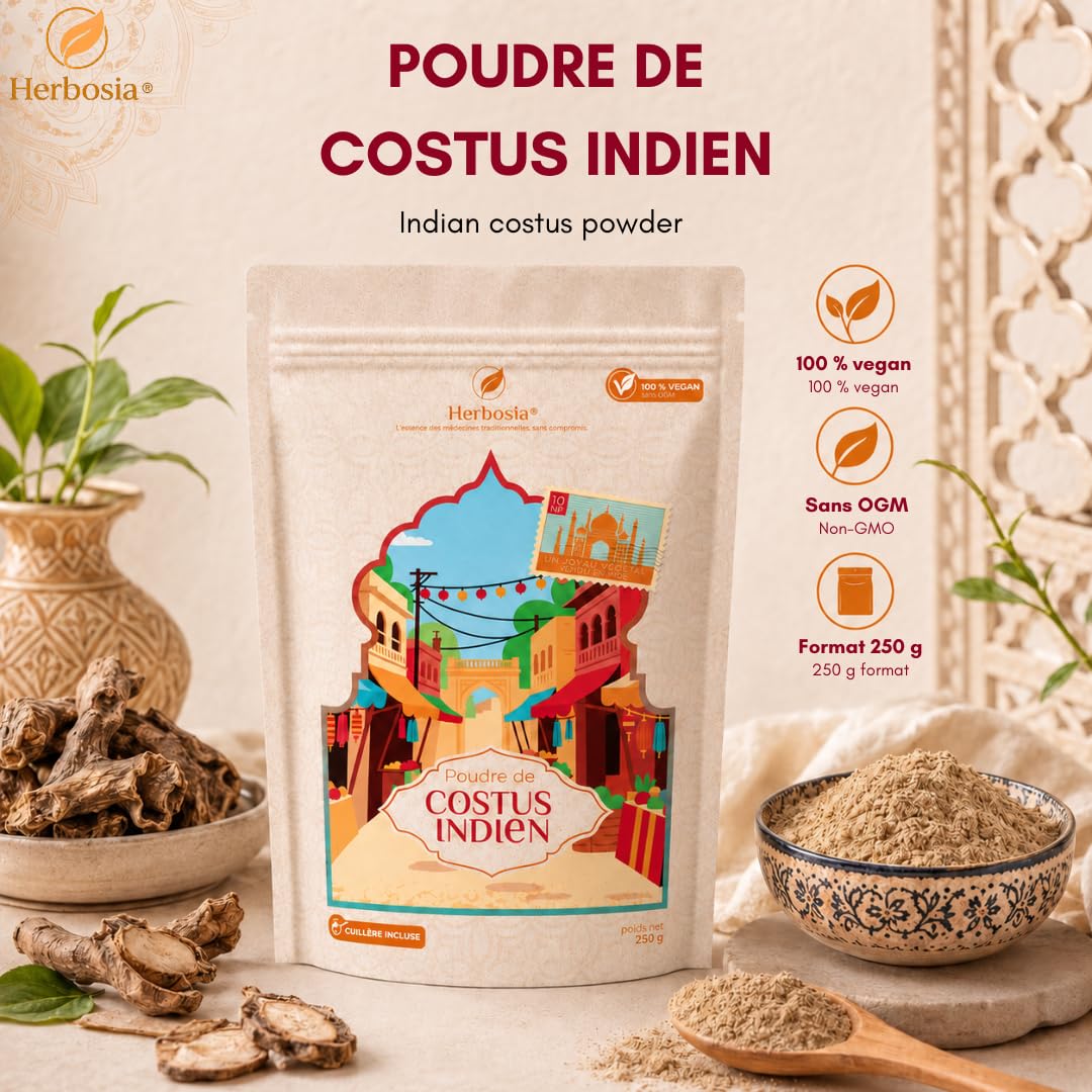 Poudre de Costus Indien 250 g – Racine en Poudre – 100% Végan Sans OGM – Texture Fine & Arôme Intense – Sachet Refermable + Cuillère Doseuse